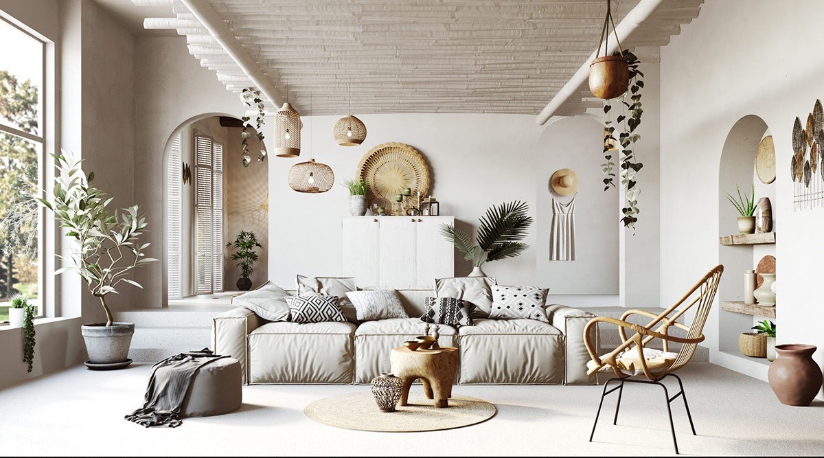 Sfeervol, aards interieur met rotan zetel, linnen kussens en handgemaakte accessoires