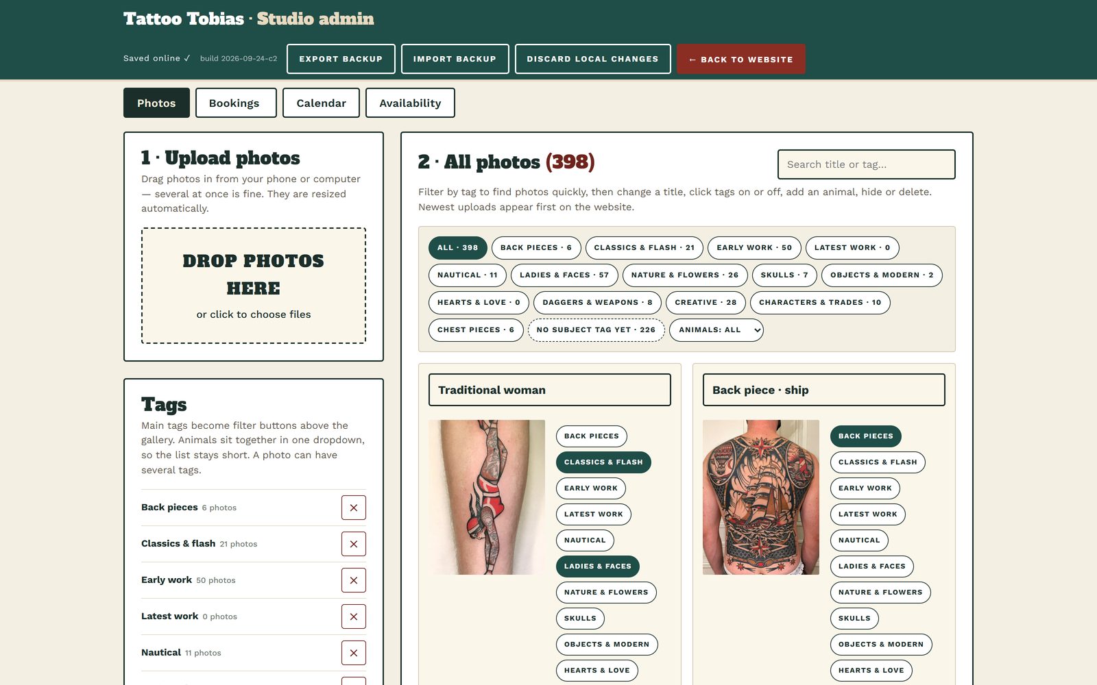 Tattoo Tobias studio admin screenshot